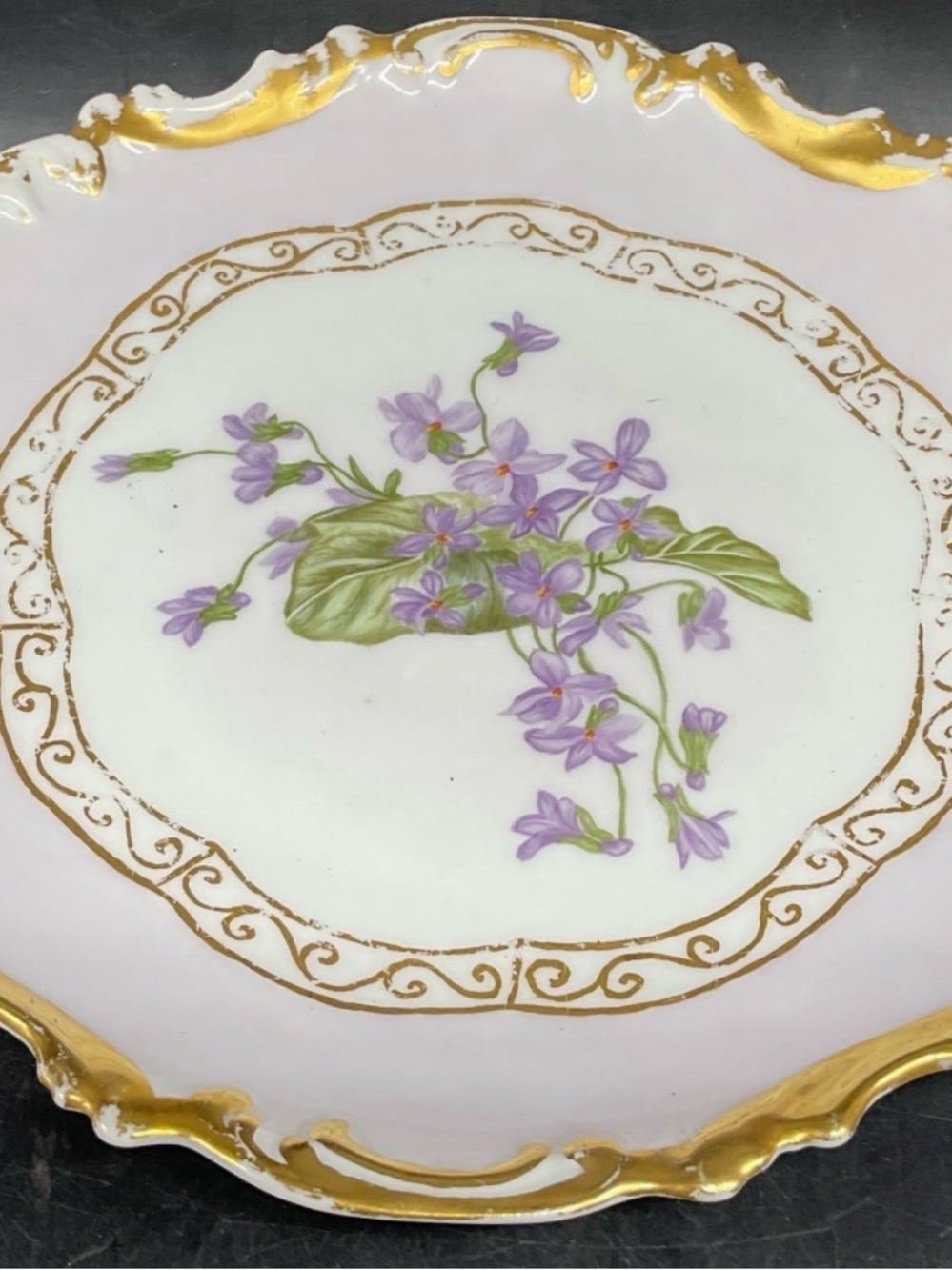 Antique Hand-Painted Limoges Floral Porcelain Plate with Gold Trim